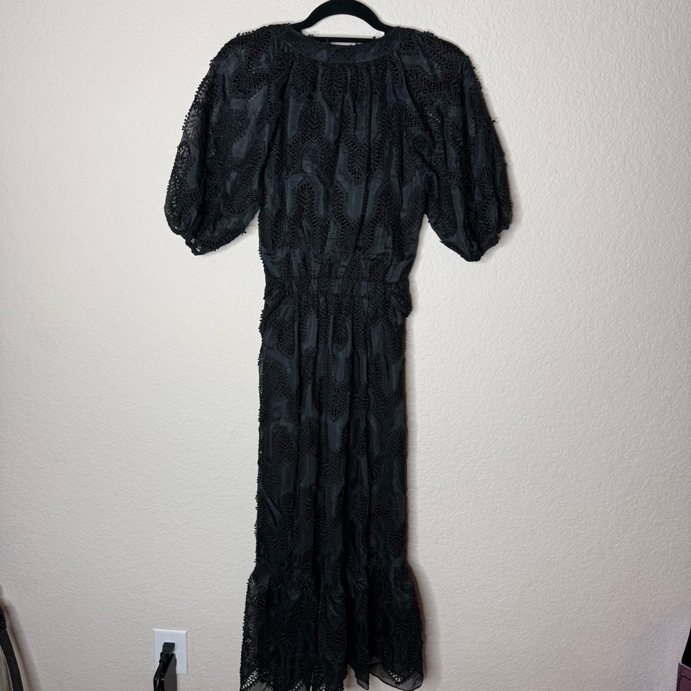 Shoshanna Jet Black Mosaic Embroidered Caricia Belted Lace Dress - Picture 3 of 4